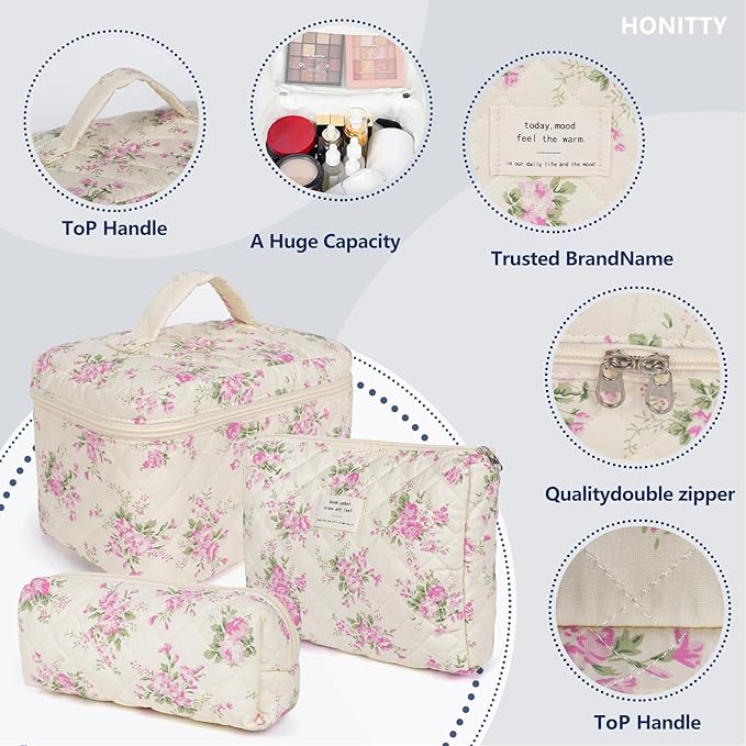 Makeup Bag,Quilted Cosmetic Bags,Large Floral Make Up Organize bag,Makeup Bag Set for Women,Flower Travel Toiletry Bag