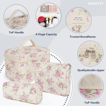 Makeup Bag,Quilted Cosmetic Bags,Large Floral Make Up Organize bag,Makeup Bag Set for Women,Flower Travel Toiletry Bag