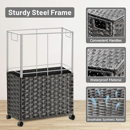 70L Slim Laundry Hamper with Lid & Wheels, Rolling Laundry Basket with 2 Removable Liner Bags & 3 Mesh Bags, Narrow Dirty Clothes Basket, Foldable Handwoven Rattan Laundry Sorter, Grey
