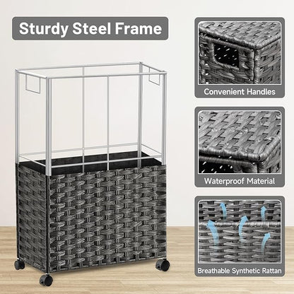 70L Slim Laundry Hamper with Lid & Wheels, 2-Park Rolling Laundry Basket with 4 Removable Liner Bags & 3 Mesh Bags, Narrow Dirty Clothes Basket, Foldable Handwoven Rattan Laundry Sorter, Grey