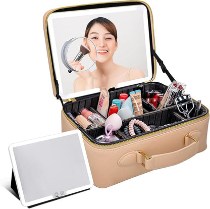 BAREZ Premium PU Leather Makeup Bag With LED Mirror - 3 Brightness Mirror Light Settings - Adjustable Dividers - Removable Mirror Waterproof Cosmetic Travel Bag - A Luxury Gift for Her (Nude)