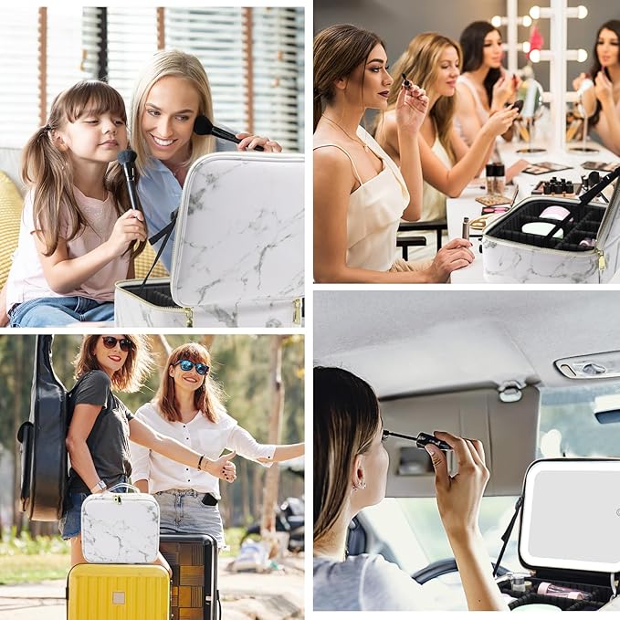 Travel Makeup Bag with Lighted Mirror Partitionable Makeup Train Case with 3 Color Modes Dimming Light up Mirror Make up Cosmetic Organizer Bag with 10X Magnifying Mirror, Toiletry Gift Accessories