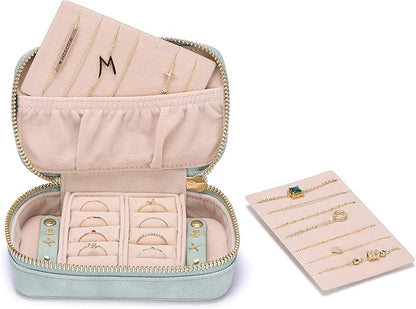 HISCOW Vegan Leather Travel Jewelry Case with Zipper - Portable Necklace & Earring Holder Organizer for Women Girls, Velvet-Lined Ring Box with Anti-Tarnish Design, Light Green