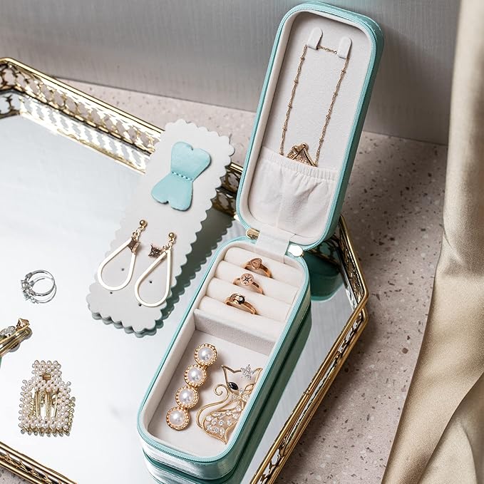 BONNY DODO Small Travel Jewelry Organizers Box for women with PU Leather Portable Mini Jewelry Case with compartments for Necklace Rings Earrings,Luxury Giftable boxes. (Lake Blue, S)