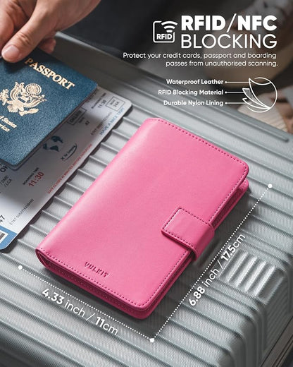 VULKIT Passport Holder with Airtag Holder RFID Blocking Passport Wallet Travel Leather Passport for Women(Rose)