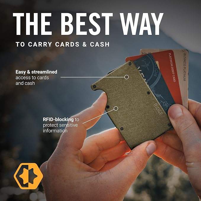 Ridge Wallet for Men - Slim Minimalist Compact Wallet and Card Holder, RFID Protected Front Pocket Wallets for Men with Integrated Cash Strap (Brass)