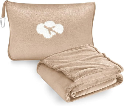 Travel Blanket and Pillow Compact, Premium Soft 2 in 1 Airplane Blanket with Soft Bag Pillowcase，Hand Luggage Sleeve and Backpack Clip (Brown)