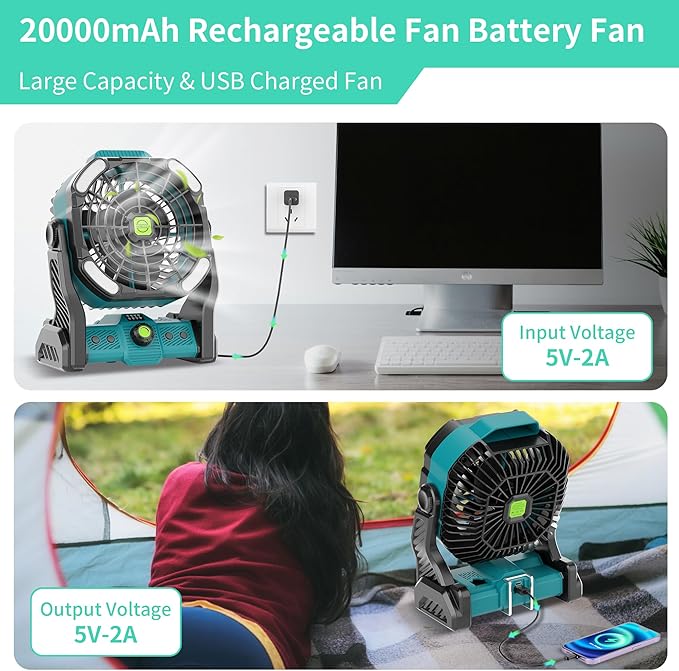 20000mAh Battery Powered Fan Rechargeable,Rechargeable Portable Camping Fan with Light,270°Rotation Battery Operated,USB Camping Essentials Tent Battery Fans Portable X26 Cyan