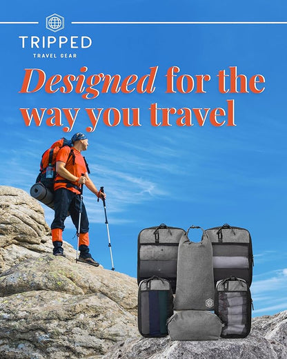 Compression Packing Cubes for Travel by TRIPPED – 6-Piece Premium Set with Laundry & Shoe Bag, Space Saving Travel Organizer Bags for Suitcase & Carry-On Luggage (Grey Mesh)