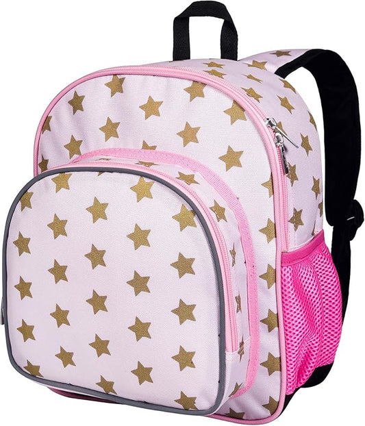 Wildkin 12-inch Kids Backpack – Padded, Adjustable, Ideal for Daycare & Travel - Pink and Gold Stars