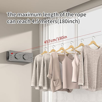 JOOM Retractable Clothesline Heavy Duty Clothes Drying Laundry Line Wall Mounted Easy Hanging Clothes Drying Laundry Line Retracting Hanging Lock to Prevent Sagging (Two line,Grey)