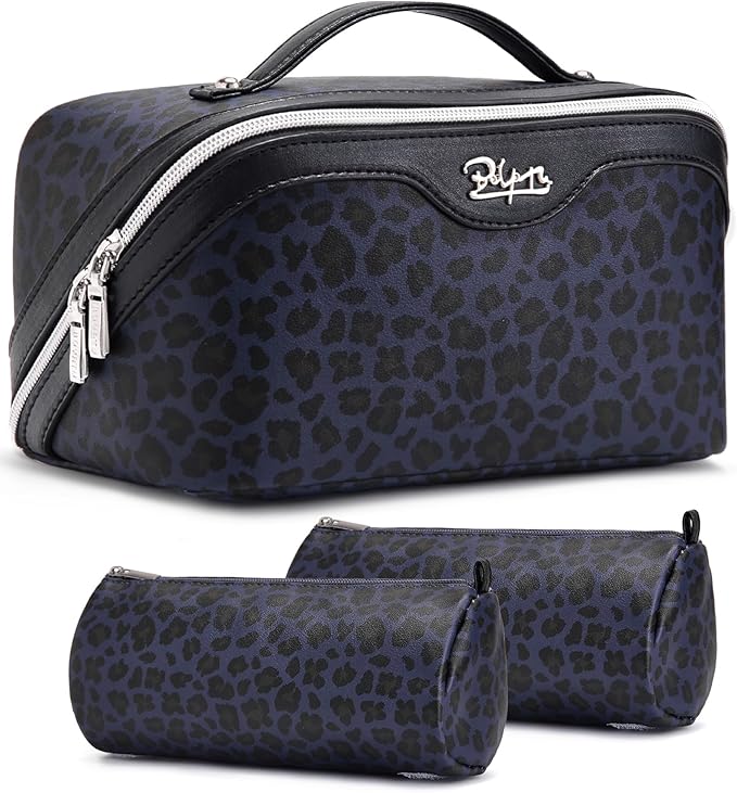 BOYATU Travel Makeup Bag for Women: 3 Pcs Set Portable Make up Bags with Handle - Leopard Print Cosmetic Bags with Comparments - Waterproof Vegan Leather Toiletry Bag (11-Blue)