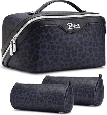 BOYATU Travel Makeup Bag for Women: 3 Pcs Set Portable Make up Bags with Handle - Leopard Print Cosmetic Bags with Comparments - Waterproof Vegan Leather Toiletry Bag (11-Blue)