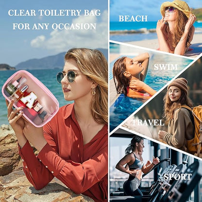 YOOLIFE Initial Travel Makeup Bag Pouch, Clear Toiletry Bag for Women Travel Accessories Cosmetic Bag Skin Care for Teen Make Up Bags Birthday Gifts for Women Unique Teacher Mom Friends Gifts Pink R