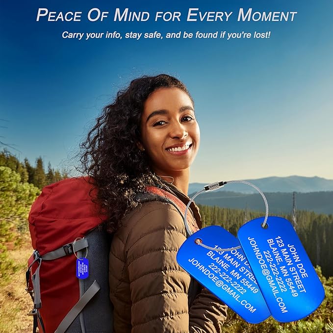 High Visibility Durable Anodized Aluminum Luggage Tags - 2 Pack, Customizable Travel ID Tag for Luggage, Golf Bags & More - Personalized Imprinted ID Tags (Blue)