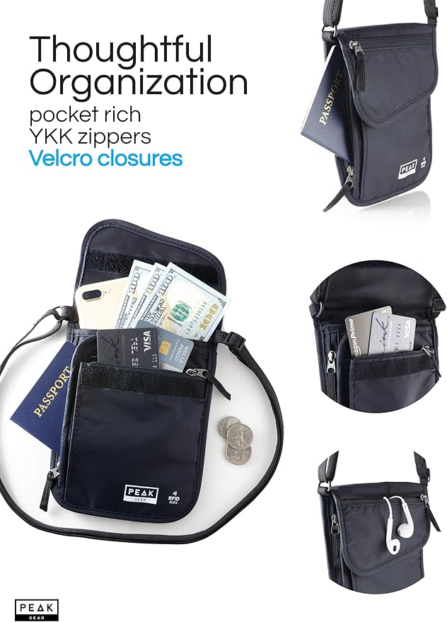 Peak Gear RFID Neck Wallet - The Original Travel Pouch with Adjustable Crossbody Strap + Theft Protection and Lost & Found Service | Black