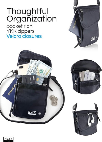 Peak Gear RFID Neck Wallet - The Original Travel Pouch with Adjustable Crossbody Strap + Theft Protection and Lost & Found Service | Black