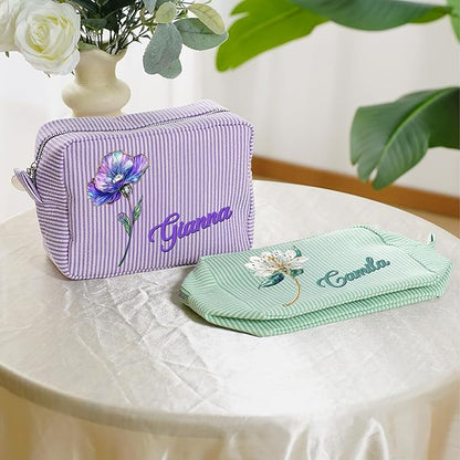 callie Personalized Makeup Bag - Custom Name & Birth Flower, Cosmetic Organizer Make Up Bag with Zipper, Birthday Christmas Travel Gifts for Women