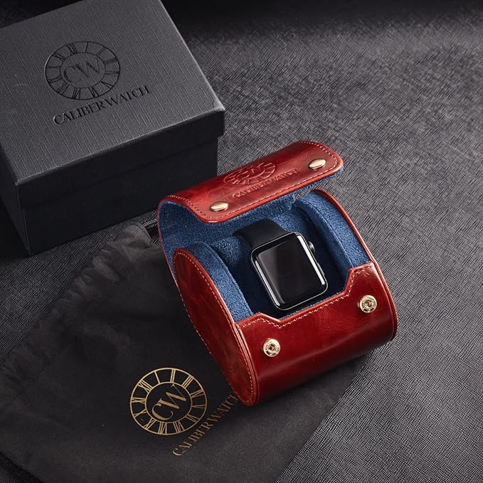 Genuine Napa Leather Watch Roll Travel Case - Travel Watch Rolls and Leather Watch Display Cases with Velvet Interior - Watch Storage Organizer Men's By CALIBERWATCH (Brown - Single)