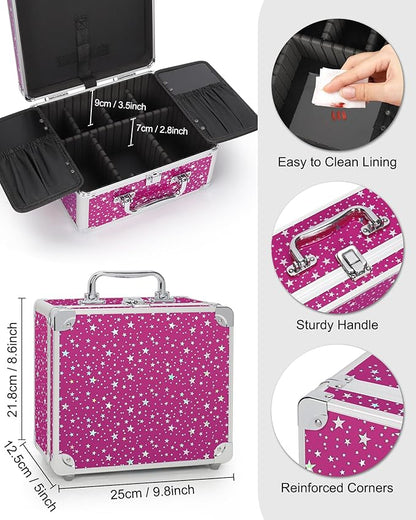 Relavel Makeup Bag with LED Mirror, Makeup Box Travel Train Case with Rechargeable Lighted Mirror, Cosmetic Brush Organizer Storage for Makeup Artists Gifts for Women and Girls, Hot Pink Shining Star