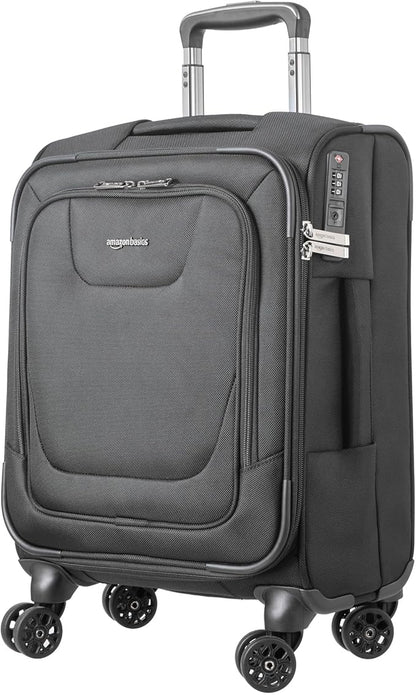 Amazon Basics 20" Luggage, Softside Suitcase With TSA Lock, 8 Spinner Wheels, Front Exterior Pocket, 3 Interior Pockets For Dry and Damp Clothes/Towels Separately, Black