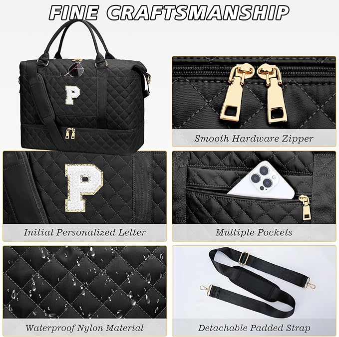 Gifts for Mom for Daughter Birthday Christmas Initial Travel Duffle Bag Quilted Weekender Bags Carry-On Overnight with Cosmetic Bag, Gym Bag with Shoe Compartment, Black P