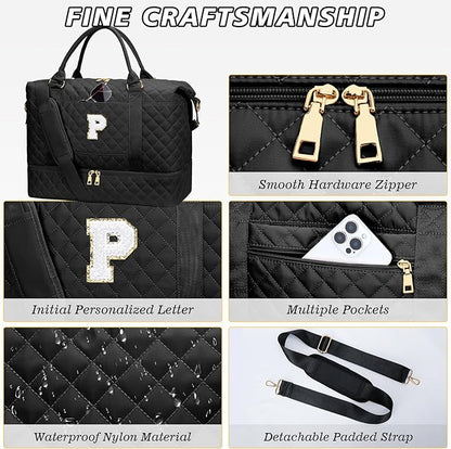 Gifts for Mom for Daughter Birthday Christmas Initial Travel Duffle Bag Quilted Weekender Bags Carry-On Overnight with Cosmetic Bag, Gym Bag with Shoe Compartment, Black P