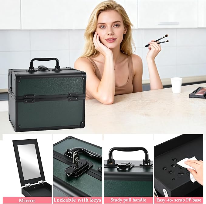 Makeup Train Case, Portable Makeup Case with Mirror, 2-Trays Cosmetic Organizer Case,Nail Polish Organizer, Travel Makeup Box, Profesional for Salon Barber, Green