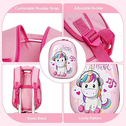 BABY JOY 2 Pcs Kids Luggage Set, 16" Carry-on Luggage Trolley Case & 12" Backpack w/Rolling Wheels, Retractable Handle, Lightweight Airline-approved Design, Kids Suitcase for Girls Boys (Pink Pony)