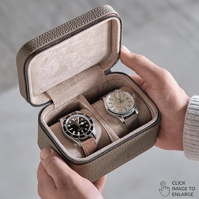 TAWBURY 2 Watch Travel Case - Genuine Top-Grain Leather Watch Box for Men & Women with Metal Zipper and Extra Wide Pillows for Large Watches (Taupe)