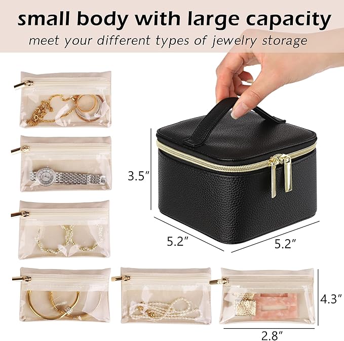 HofferRuffer Jewelry Box Organizer for Women Girls, Travel Jewelry Case with 6 Portable Zipper Bags, Jewelry Storage Ideal for Travel & Home Organization (6pcs-Black Faux Leather)
