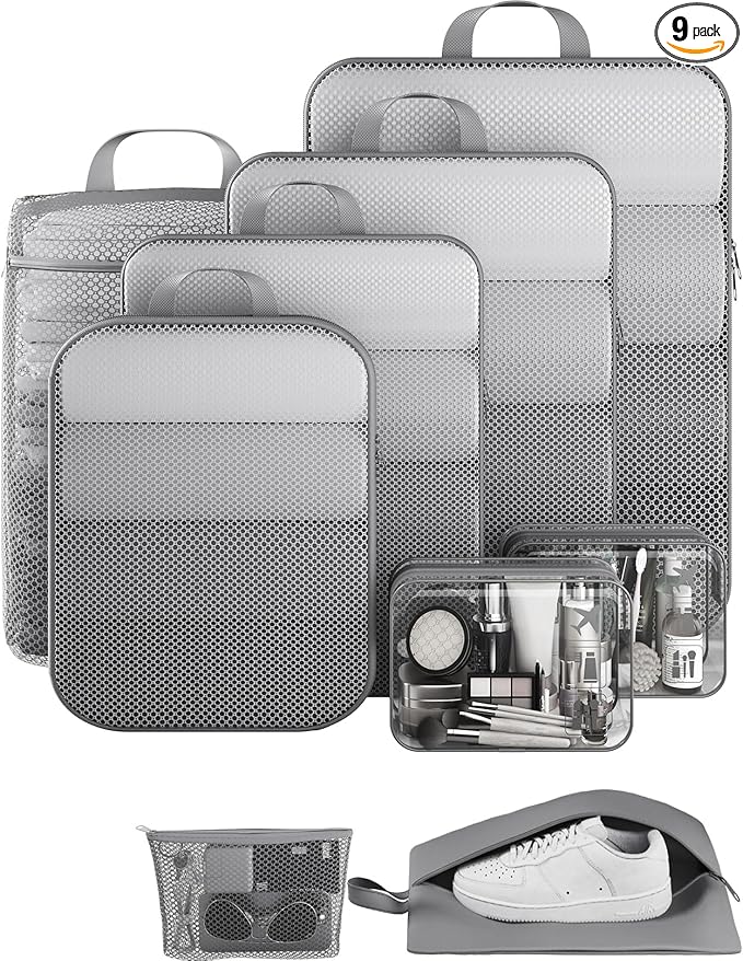 Veken 9/11 Set Compression Packing Cubes for Travel Essentials,Compressible Expandable Large Luggage Suitcase Organizer Bags for Clothing,Durable Space Saver Storage Bags with Toiletry Bags(Gray)