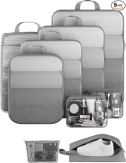 Veken 9/11 Set Compression Packing Cubes for Travel Essentials,Compressible Expandable Large Luggage Suitcase Organizer Bags for Clothing,Durable Space Saver Storage Bags with Toiletry Bags(Gray)