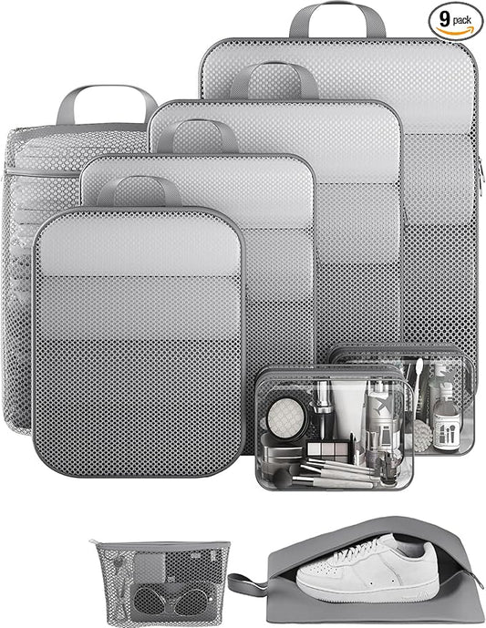 Veken 9/11 Set Compression Packing Cubes for Travel Essentials,Compressible Expandable Large Luggage Suitcase Organizer Bags for Clothing,Durable Space Saver Storage Bags with Toiletry Bags(Gray)