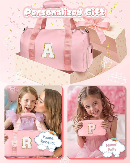 Girls Cheer Up Gifts-Girl Gym Bag with Shoe Compartment, Kid Personalized Weekender Overnight Bags, Initial Travel Tote with Makeup Pouch, Graduation Gift for Niece Kids Daughter (Letter K)