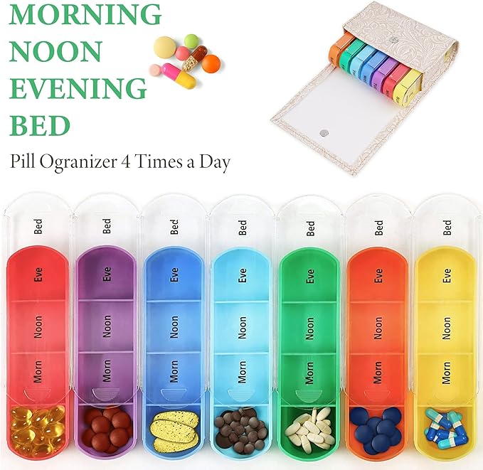 Pill Organizer,LIZIMANDU Weekly Travel Pill Case Box Medication Reminder Daily AM PM, Day Night 7 Compartments,for 4 Times A Day, 7 Days a Week-Includes Leather PU Carrying Case(1-Carved White)