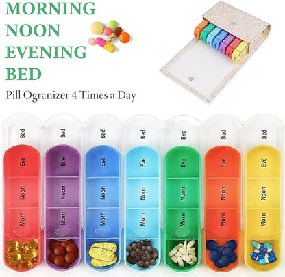Pill Organizer,LIZIMANDU Weekly Travel Pill Case Box Medication Reminder Daily AM PM, Day Night 7 Compartments,for 4 Times A Day, 7 Days a Week-Includes Leather PU Carrying Case(1-Carved White)