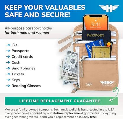 HERO Neck Wallet - RFID Blocking Passport Holder, Easy to Conceal and Pouch
