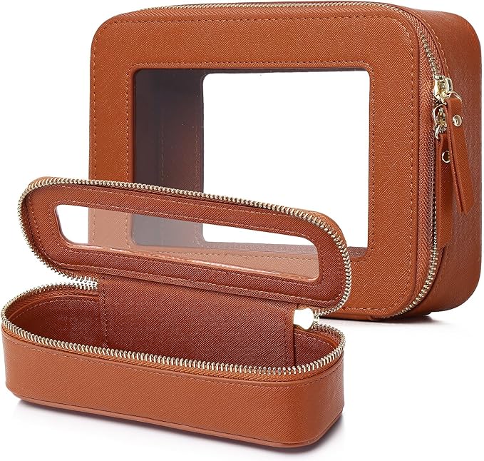 Pinkmik Travel Clear Makeup Bag with Brush Case TSA Approved Toiletry Bag Waterproof Cosmetic Organizer with Zipper Car Essential for Women (X/Brown, M+SLIM)