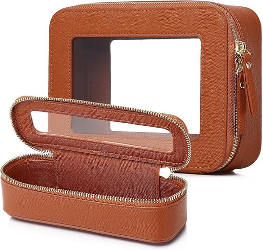 Pinkmik Travel Clear Makeup Bag with Brush Case TSA Approved Toiletry Bag Waterproof Cosmetic Organizer with Zipper Car Essential for Women (X/Brown, M+SLIM)