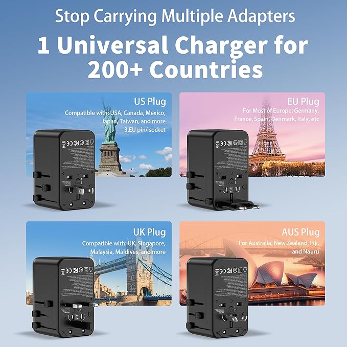 70W GaN Universal Travel Adapter, 6-in-1 International Power Adapter for US/EU/UK/AUS & 200+ Countries, European Travel Plug Adapter with Built-in USB-C Cable & 4-Ports for Laptop, Phone