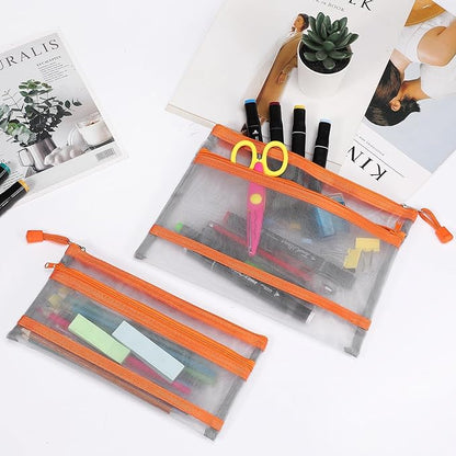 12 Pieces Zipper Nylon Mesh Pouch, Mesh Cosmetic Bags Makeup Bags Pencil Case, Multipurpose Travel Bags for Cosmetic School Office Supplies and Travel Accessories (2 Layers-Grey, A5)