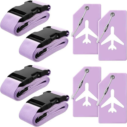 Weewooday 8 Pcs Luggage Straps Suitcase Tags Set for TSA Approved, 4 Travel Adjustable Suitcase Belt, 4 Silicone Luggage Tags with Name ID Card Travel Accessories(Light Purple,Airplane)