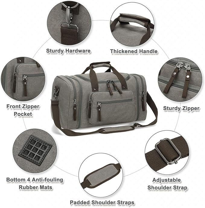 Expandable Canvas Duffel 50cm-58cm, Sturdy Zipper and Reinforced Handles, Lightweight Carry-On Weekender Bag for 3-5 Day Trips, Gray