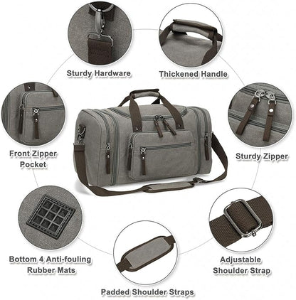 Expandable Canvas Duffel 50cm-58cm, Sturdy Zipper and Reinforced Handles, Lightweight Carry-On Weekender Bag for 3-5 Day Trips, Gray