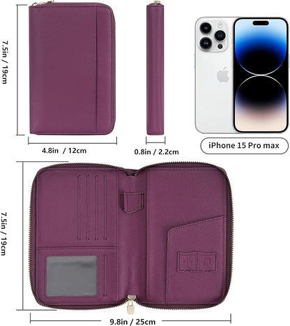 WASON Leather Zipper Travel Passport Wallet Holder RFID Blocking Cover, Passport case Pocket Slot for Card, Cash, ID, Boarding Pass and Ticket for Men, Women and Family Trips (Purple)