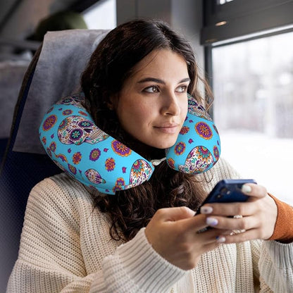 Neck Pillow Memory Foam Chin Cushion with Breathable Cover Mexican Sugar Skulls Day of The Dead Cross Flowers Green, Cute Airplane Car Pillows for Office Head Pain Relief