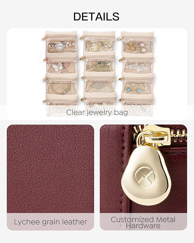 Vlando Jewelry Box with 12 Velvet Jewelry Bags Travel Jewelry Case for Girls Jewelry Organizers Necklace Rings Earrings Storage Bags Christmas Gifts Bridal Shower Gifts- Red