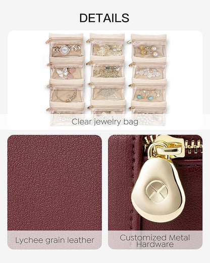 Vlando Jewelry Box with 12 Velvet Jewelry Bags Travel Jewelry Case for Girls Jewelry Organizers Necklace Rings Earrings Storage Bags Christmas Gifts Bridal Shower Gifts- Red