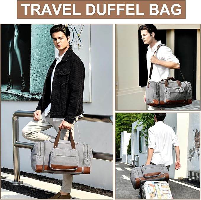 Litvyak Duffle Bag for Travel, 50L Canvas Travel Duffel Bags Overnight Weekend Gym Carry On Luggage Bag for Men & Women(Grey+Toiletry Bag)